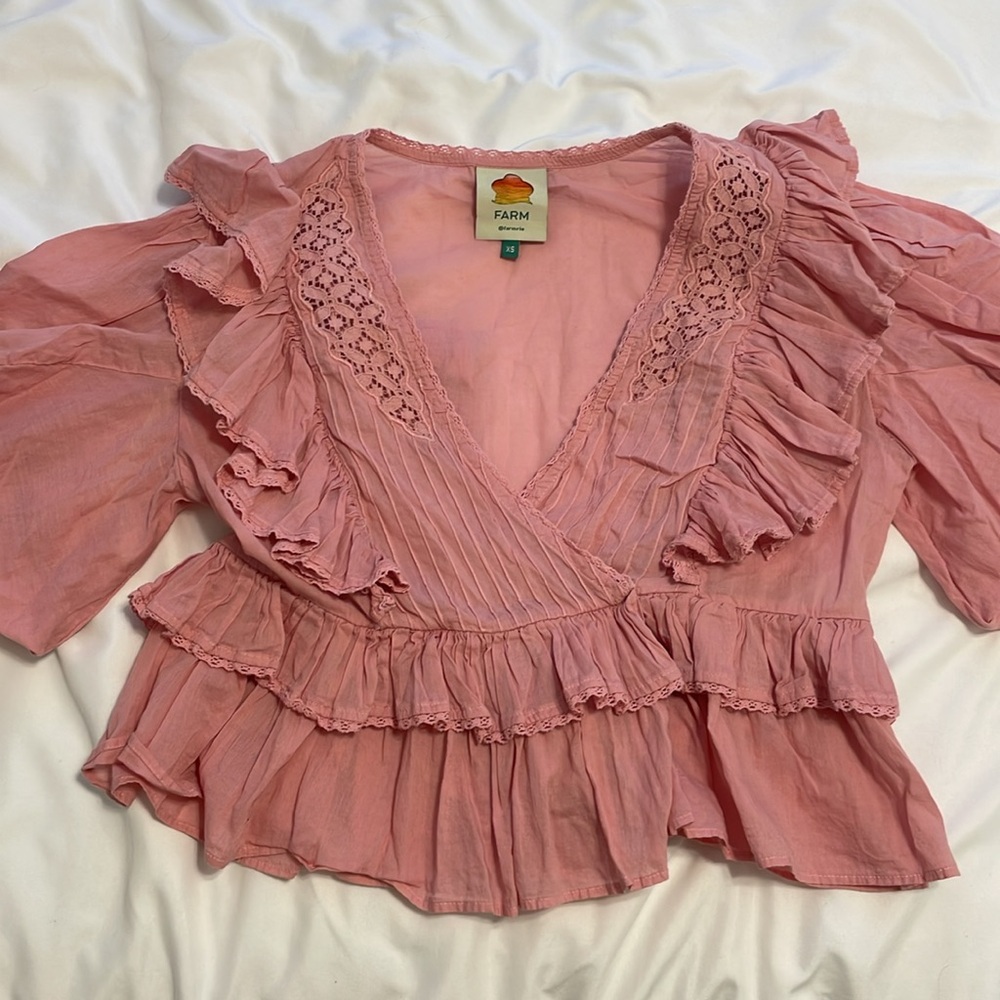 Farm Rio Punk Ruffle Puff Sleeve Wrap Blouse - Picture 7 of 10